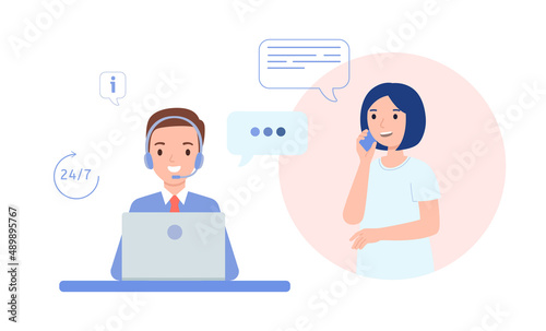 Call center operator is talking to the client. Technical support for customers 24-7, telephone hotline for business.