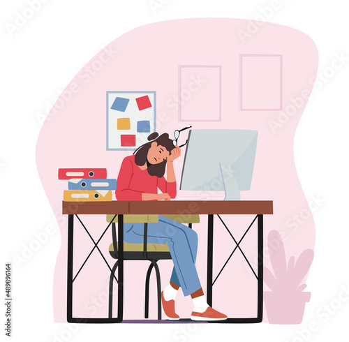 Tired Overloaded Business Woman with Glasses in Hand Sit with Closed Eyes at Computer Trying to Figure Out Information
