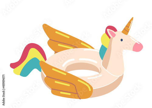 Unicorn with Rainbow Hair Inflatable Swimming Pool Ring, Tube, Float. Summer Vacation Holiday Rubber Object for Beach