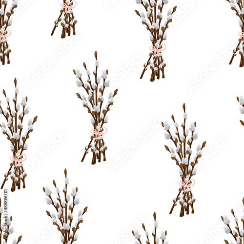 Easter spring twigs blossom pussy willow tree seamless pattern. Vector spring holiday texture in cartoon flat style. Fluffy willow branches background.