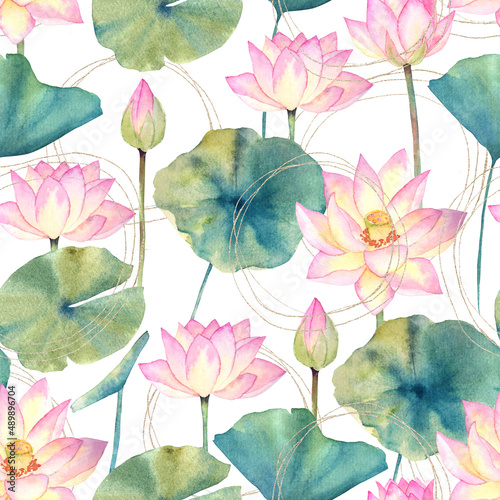 Watercolor seamless pattern with  flower lotus. Traditional design. Hand drawn illustration