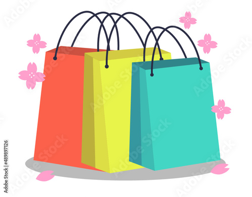 春のショッピングバック ベクターイラスト / 買い物 桜 / カラフルなセット 買い物袋 紙袋
