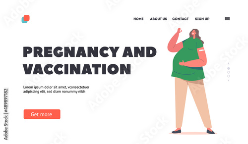 Pregnancy and Vaccination Landing Page Template. Vaccinated Pregnant Woman Show Ok Gesture, Immunization