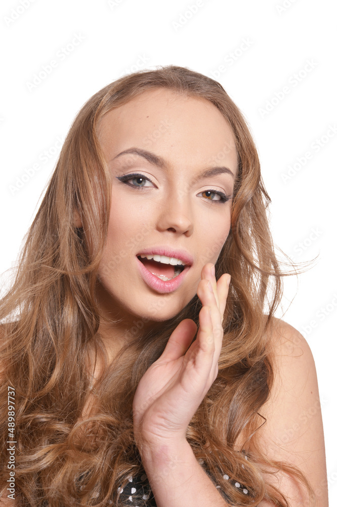 Portrait of young woman posing on white background Portrait of young woman posing on white background
