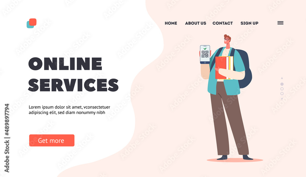 Online Services Landing Page Template. Student Male Character Show Qr Code of Covid-19 Vaccination Certificate on Screen Online Services Landing Page Template. Student Male Character Show Qr Code of Covid-19 Vaccination Certificate on Screen