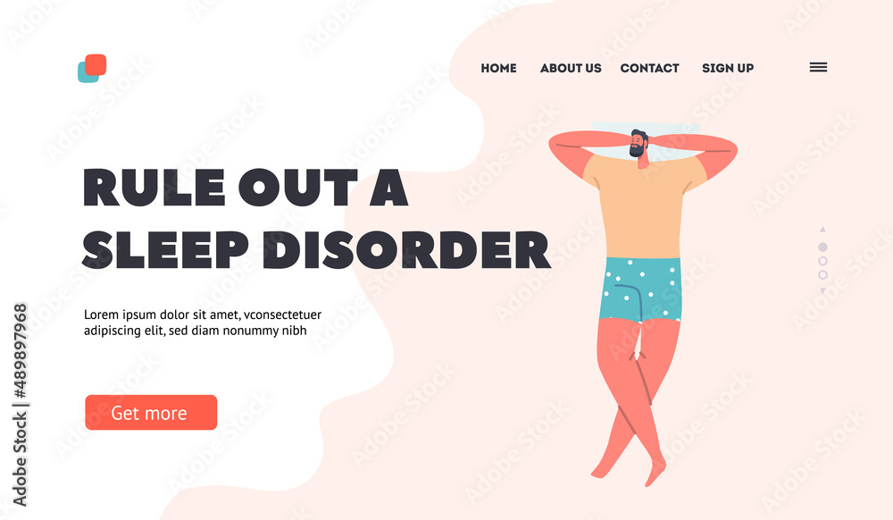 Bedding Time, Sleep or Nap Landing Page Template. Dreamy Male Character Sleeping in Relaxed Pose Lying on Bed Bedding Time, Sleep or Nap Landing Page Template. Dreamy Male Character Sleeping in Relaxed Pose Lying on Bed