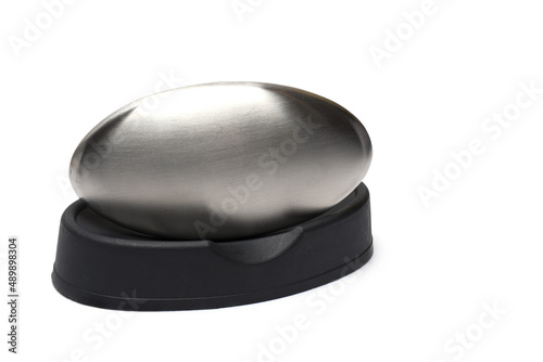 Closeup stainless steel soap dish white background