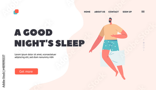 A Good Night Sleep Landing Page Template. Tired Man Sleeping Pose on Back with Pillow Between Legs and Hand on Stomach