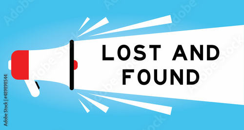 Color megphone icon with word lost and found in white banner on blue background