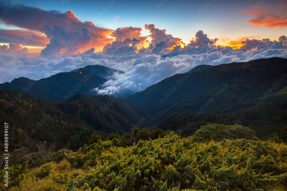 Asia - Beautiful landscape of highest mountains reflect fantasy dramatic sunset sky in winter at Taroko National Park, Hehuan Mountain, Taiwan
