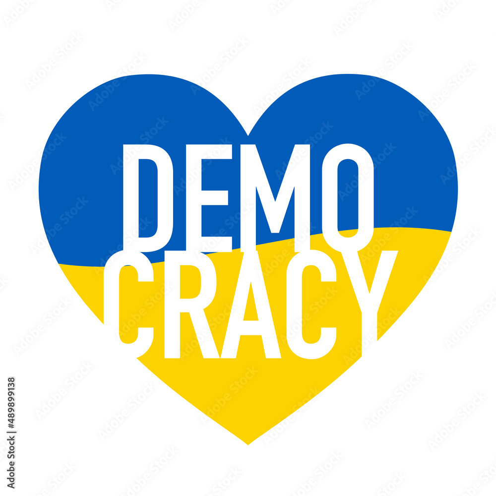 DEMOCRACY lettering on blue yellow heart DEMOCRACY lettering on blue yellow heart