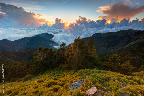 Asia - Beautiful landscape of highest mountains reflect fantasy dramatic sunset sky in winter at Taroko National Park, Hehuan Mountain, Taiwan