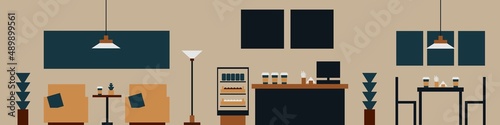 Coffee shop minimalistic panorama interior desidn with furniture set of counter armchair table chair showcase lamp poster decor plants in pastel colors