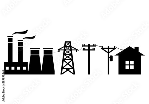 Power plant generates electricity to transmit electricity to electric poles and city home black icon flat vector design.