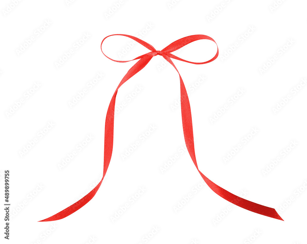 Beautiful red ribbon tied in bow isolated on white, top view Beautiful red ribbon tied in bow isolated on white, top view