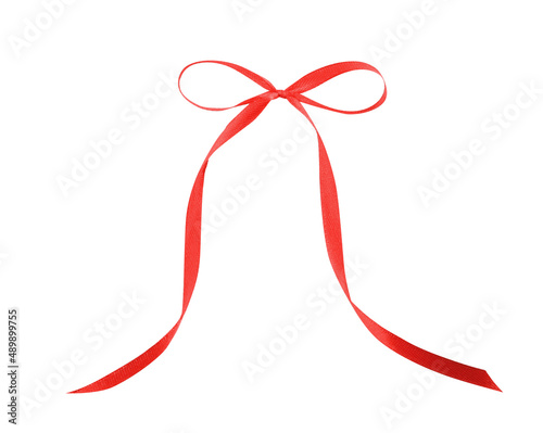 Beautiful red ribbon tied in bow isolated on white, top view