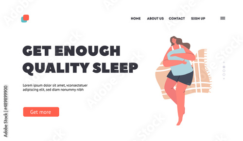 Female Character Sleeping Pose Landing Page Template. Girl Lying on Back Hug Pillow in Bed Top View. People Night Relax