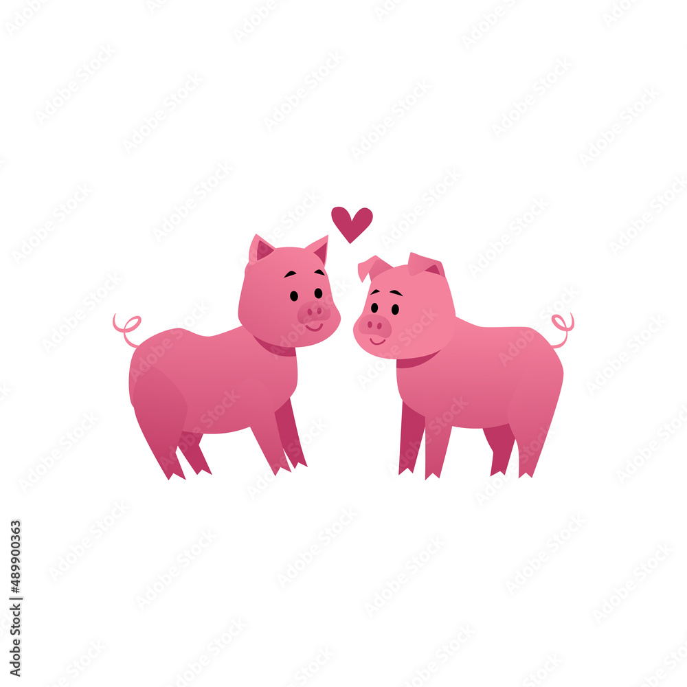 Family pair or loving couple of cute pigs, flat vector illustration isolated.