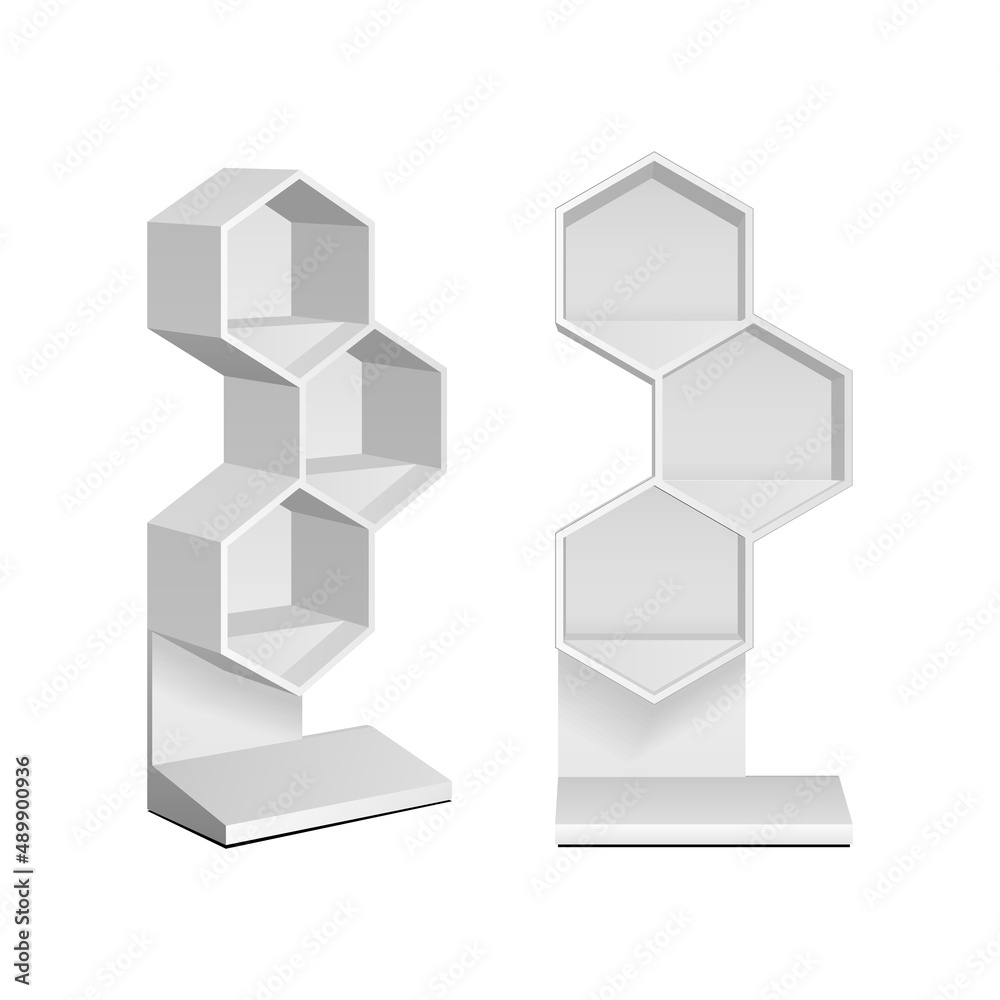 Mockup Hexagonal Retail Shelves Floor Display Rack For Supermarket Blank Empty. Cell. Cardboard . Mock Up. 3D On White Background Isolated. Ready For Your Design. Product Advertising. Vector EPS10 Mockup Hexagonal Retail Shelves Floor Display Rack For Supermarket Blank Empty. Cell. Cardboard . Mock Up. 3D On White Background Isolated. Ready For Your Design. Product Advertising. Vector EPS10