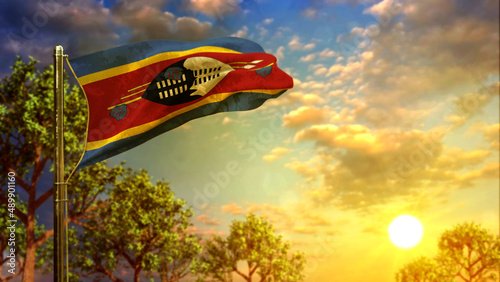 waving flag of Swaziland at sundown for state holiday - abstract 3D rendering