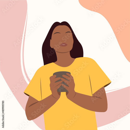 Black girl holds a mug in her hands, looks forward with both hands in pastel colors 