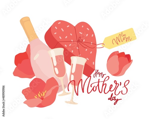 A box of heart-shaped chocolates, tulips and sparkling wine. Logo for the design of Mother's Day cards. Hand-drawn icons of spring tulips, vector isolated colorful element.