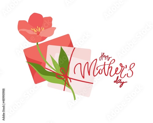 Logo for the design of Mother's Day cards. Hand-drawn icons of spring tulips, postcard and envelope. Vector isolated colorful element.