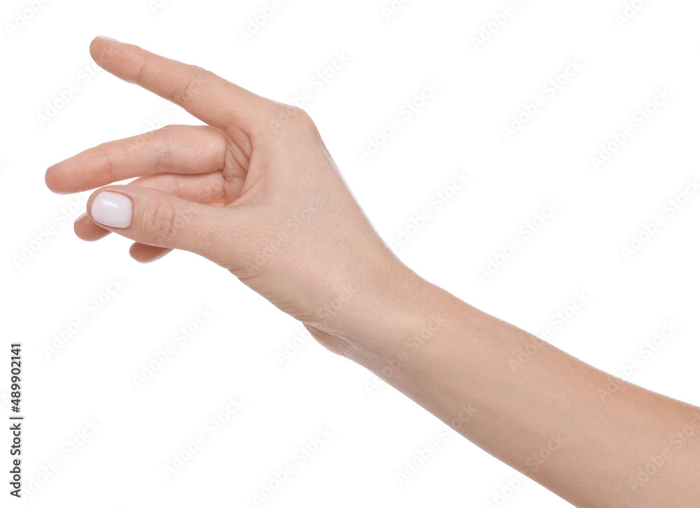 Woman holding something on white background, closeup of hand