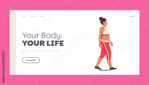 Female Character Healthy Life Landing Page Template. Corpulent Fat Woman Wear Sport Suit Walking. Fatty Girl Weight Loss