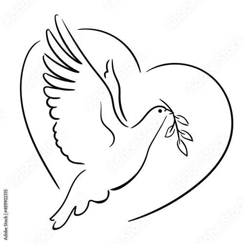Dove Icon on Black and White Vector Backgrounds Line art. heart. Bird with a branch