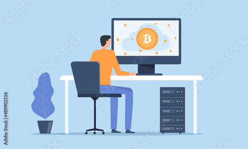 Flat vector Businessmen are investing and mining in bitcoins and cryptocurrency asset technology. People working on monitor screen. cloud mining network connection concept. 
