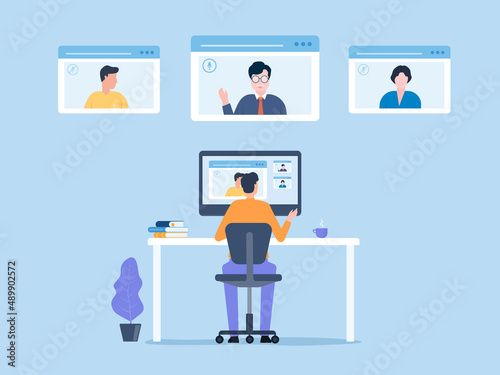 flat vector business people online web video conference for meeting with remote technology working and people work from home and smart working online connect anywhere concept