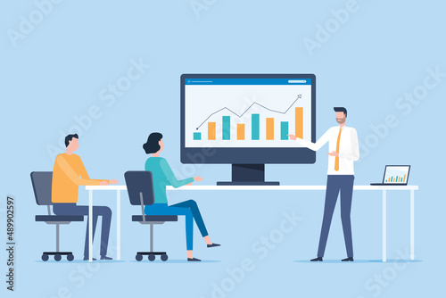 Business marketing team working and meeting for business investment on monitor graph report dashboard. Business planning concept. Flat vector illustration design concept