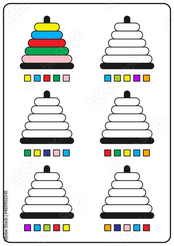 Instructional coloring pages, educational games for children, preschool activity worksheets. Simple cartoon vector illustration of colorful objects to learn colors. Coloring kids toy stacking rings.