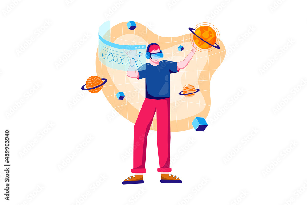 Man with VR headset touching a holographic screen Man with VR headset touching a holographic screen