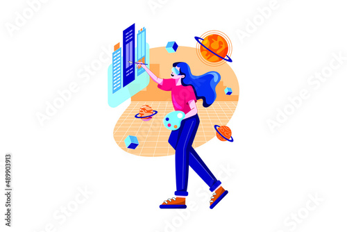 Person with VR headset enjoying an experience of metaverse virtual world Illustration concept