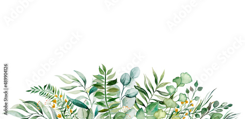 Border with green and golden watercolor botanical leaves illustration