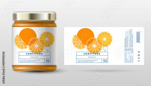 Orange confiture. Sweet jam. Transparent slices, halves and cut fruits. Label and packaging simple design.
