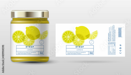 Lemon Syrup. Sweet product. Transparent slices, halves and cut fruits. Label and packaging simple design.