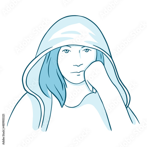 The girl in the hood is angry. Monochrome outline portrait of a disgruntled teenage girl. 