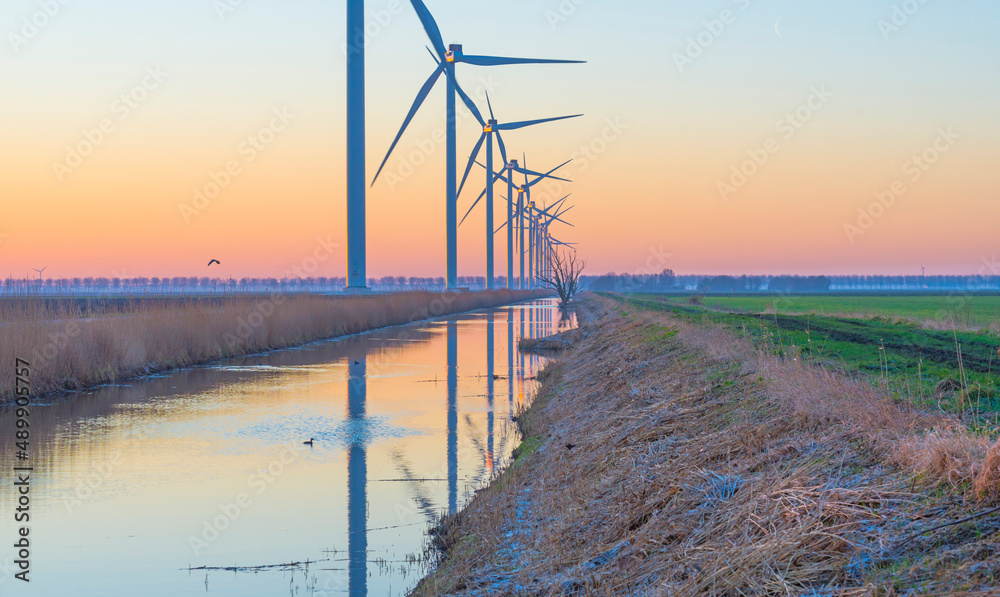 Tall wind turbines in a colorful sky along a canal in sunlight at sunrise in winter, Almere, Flevoland, The Netherlands, February 27, 2022
