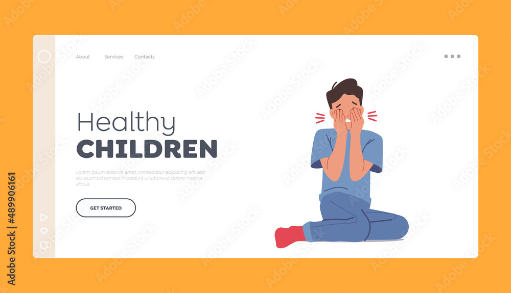 Healthy Children Landing Page Template. Sick Boy Sitting on Floor Cover Eyes with Hands. Kid Suffering of Ache or Pain Healthy Children Landing Page Template. Sick Boy Sitting on Floor Cover Eyes with Hands. Kid Suffering of Ache or Pain