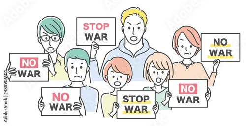 people with cards saying no war