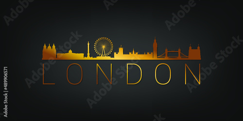 London Gold Skyline City Silhouette Vector. Golden Design Luxury Style Icon Symbols. Travel and Tourism Famous Buildings.