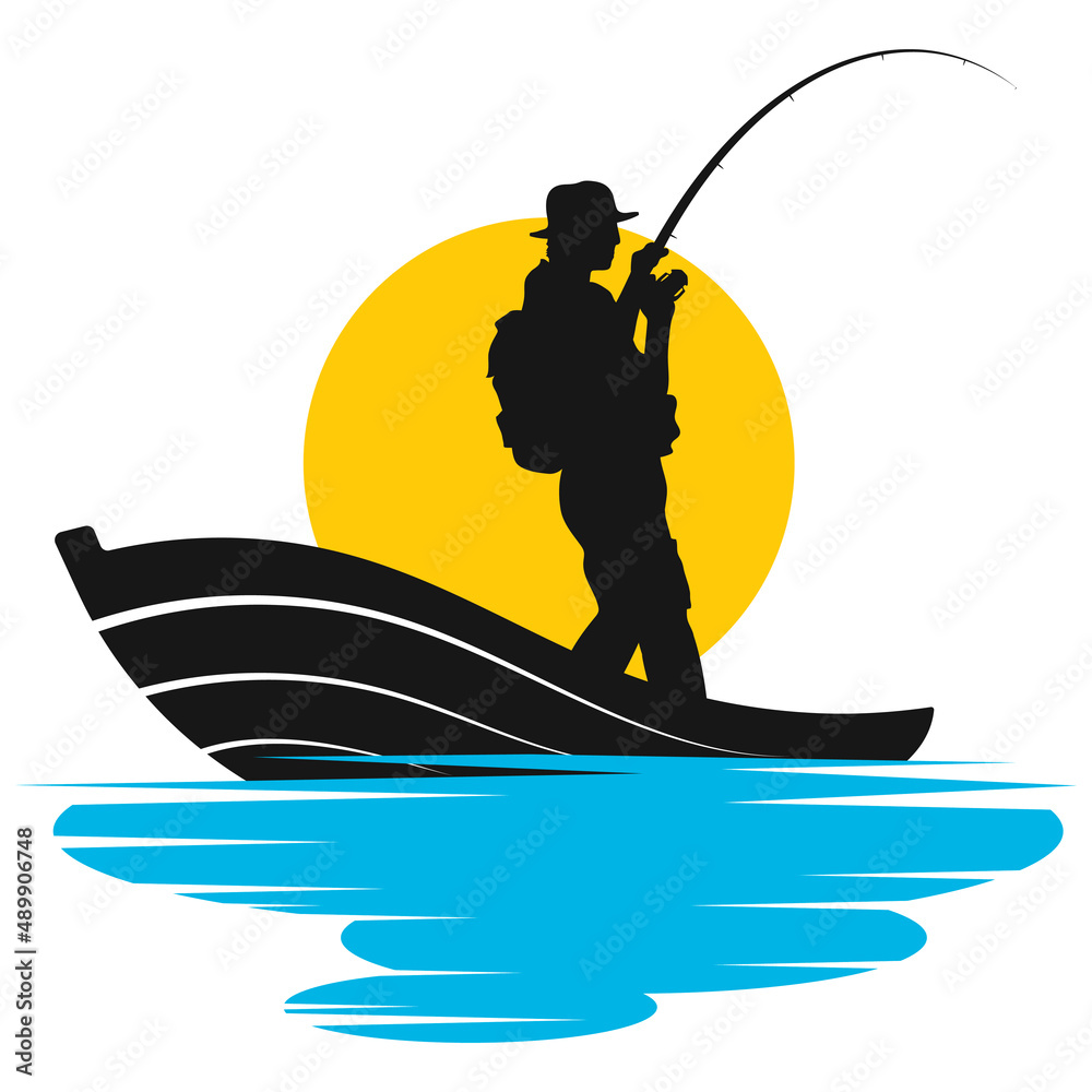 Stockvektorbilden Fisherman in a boat with a rod. Silhouette of a fisherman  at sunset. Sport fishing and hobby