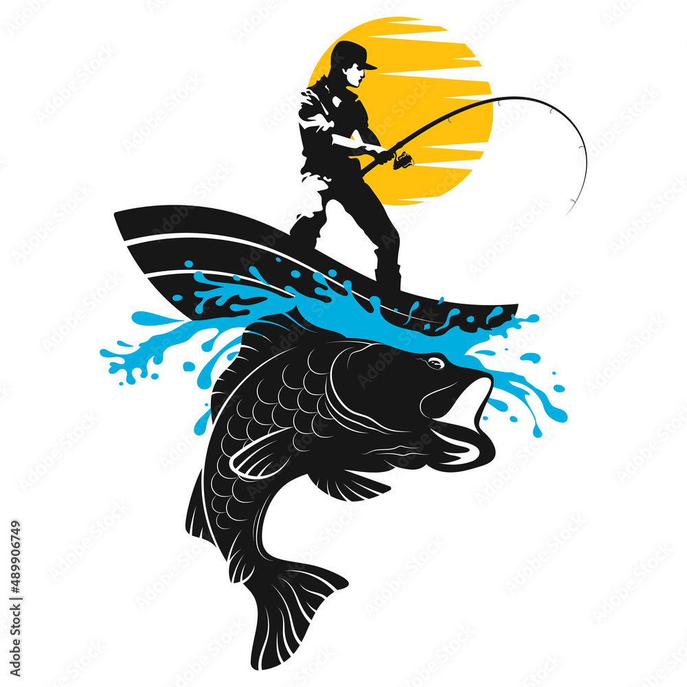 Fisherman with a fishing rod in a boat. Catching a big fish. Silhouette for  fishing and hobby Stock Vector