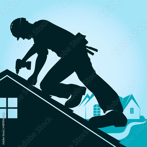 Roofer on the roof of the house. Roofer worker repairing the roof
