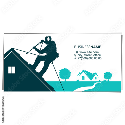 Worker washer on the roof. Washing and cleaning the roof business card concept