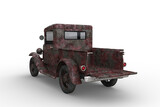 Rear view of rusty old vintage pickup truck with tailgate down. 3D rendering isolated on white background.