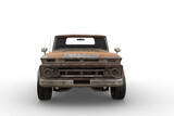 Front view of rusty retro style orange pickup truck. 3D illustration isolated on white background.